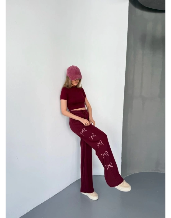 Osy Modal Yumuşak Dokulu Kumaş Nakış işlemeli Rahat Bol Paça Eşofman Pantalon - Bordo