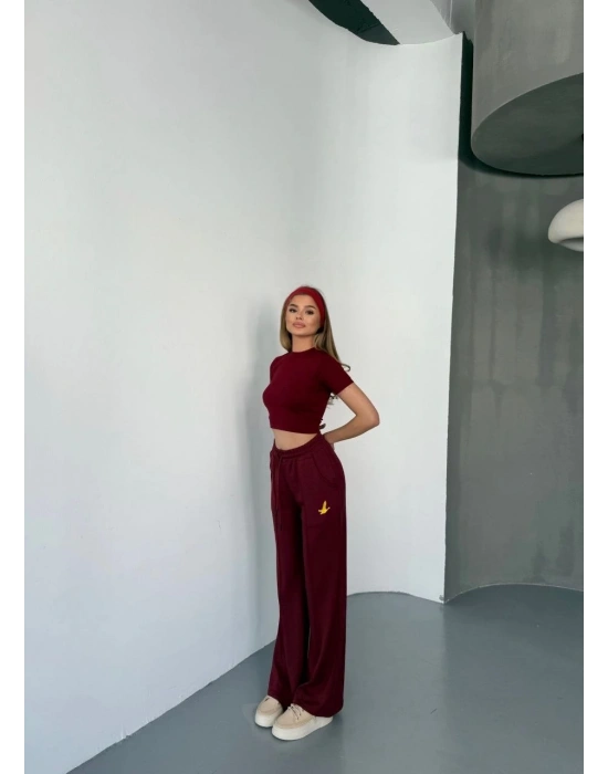 Osy Modal Yumuşak Dokulu Kumaş Nakış işlemeli Rahat Bol Paça Eşofman Pantalon - Bordo