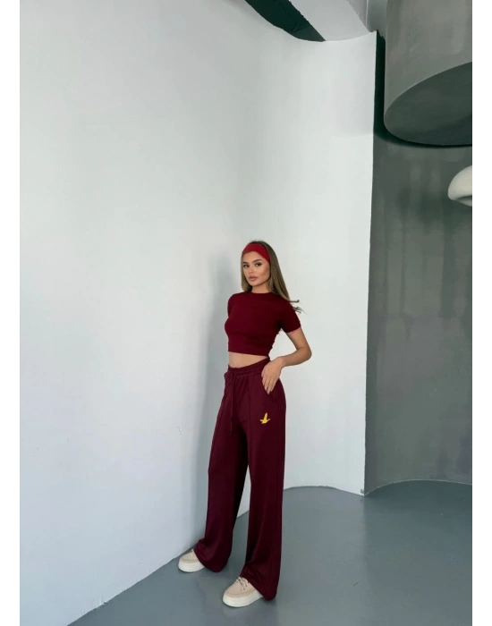 Osy Modal Yumuşak Dokulu Kumaş Nakış işlemeli Rahat Bol Paça Eşofman Pantalon - Bordo