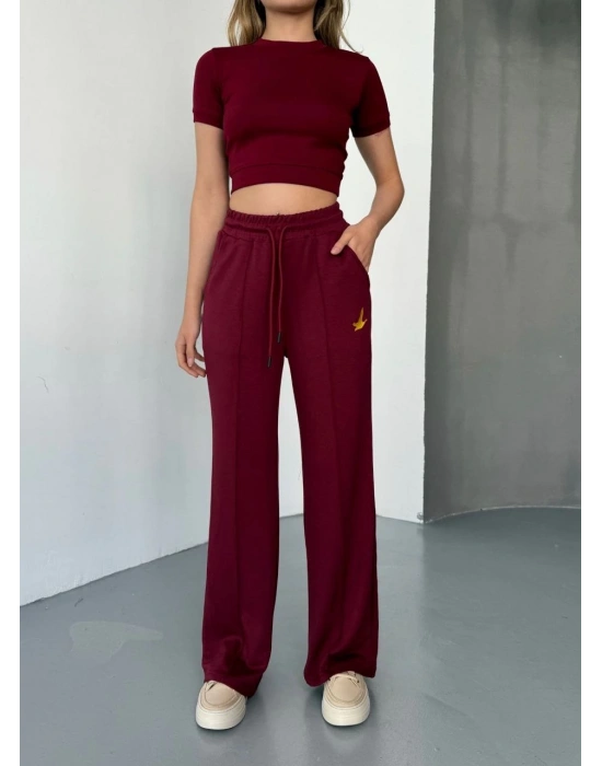 Osy Modal Yumuşak Dokulu Kumaş Nakış işlemeli Rahat Bol Paça Eşofman Pantalon - Bordo