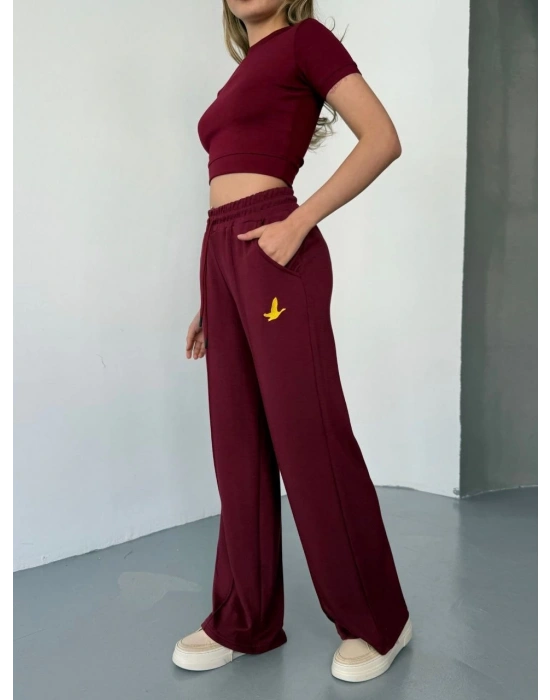Osy Modal Yumuşak Dokulu Kumaş Nakış işlemeli Rahat Bol Paça Eşofman Pantalon - Bordo