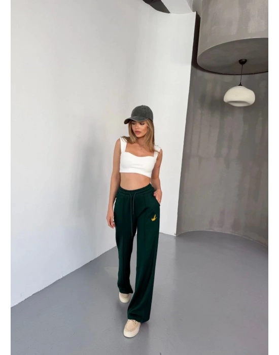 Osy Modal Yumuşak Dokulu Kumaş Nakış işlemeli Rahat Bol Paça Eşofman Pantalon - Yeşil