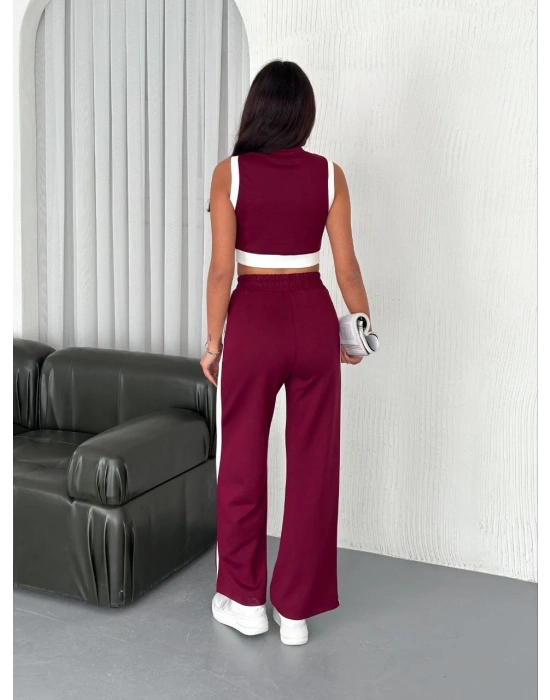 Osy Modal Yumuşak Dokulu Kumaş Tam Fermuarlı Crop Pantalon İkili Takım - Bordo