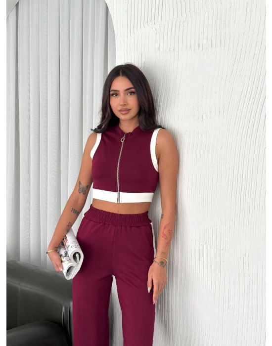 Osy Modal Yumuşak Dokulu Kumaş Tam Fermuarlı Crop Pantalon İkili Takım - Bordo