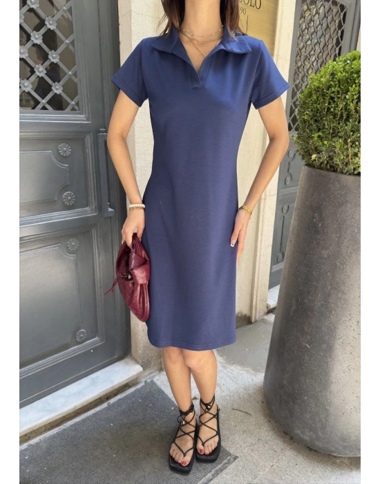 Osy Modal Yumuşak Dokulu Kumaş Yakalı Kısa Kollu Elbise - Mavi