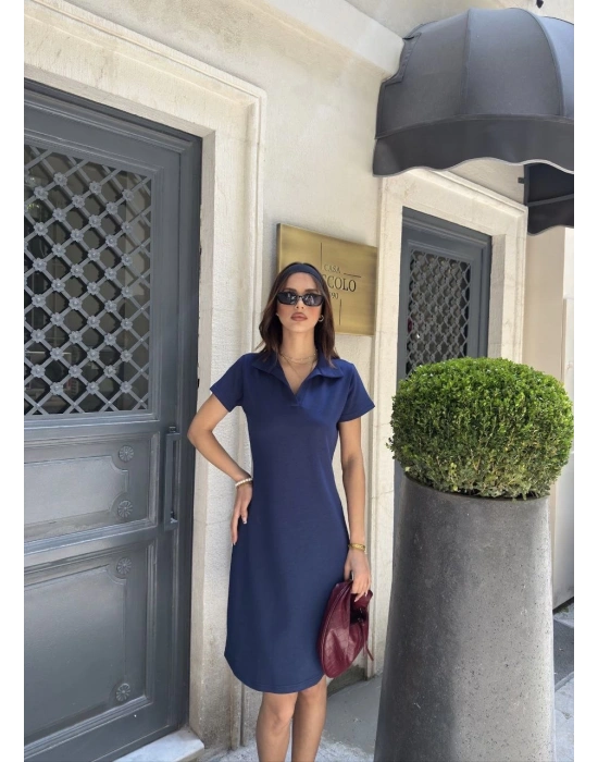 Osy Modal Yumuşak Dokulu Kumaş Yakalı Kısa Kollu Elbise - Mavi