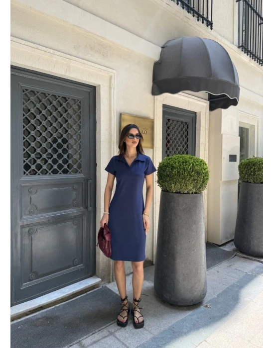 Osy Modal Yumuşak Dokulu Kumaş Yakalı Kısa Kollu Elbise - Mavi