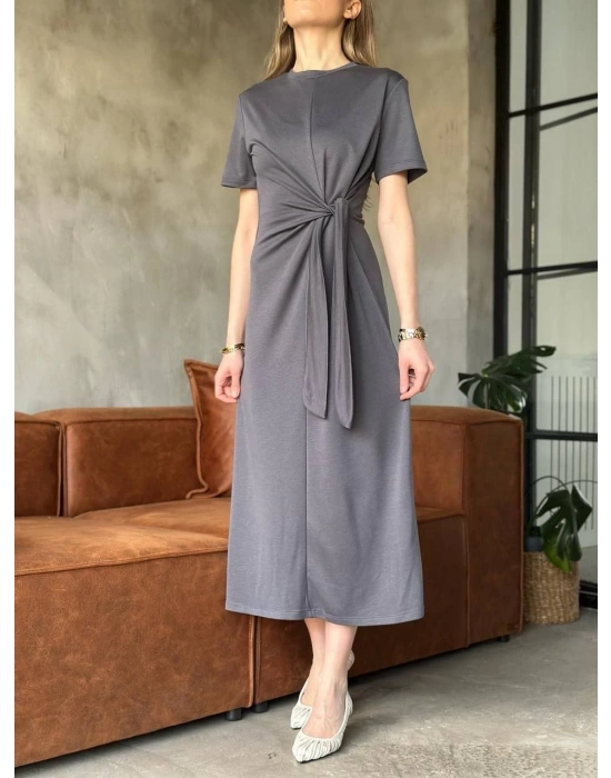 Osy Modal Yumuşak Dokulu Kumaş Yandan Bağlamalı Elbise - Gri