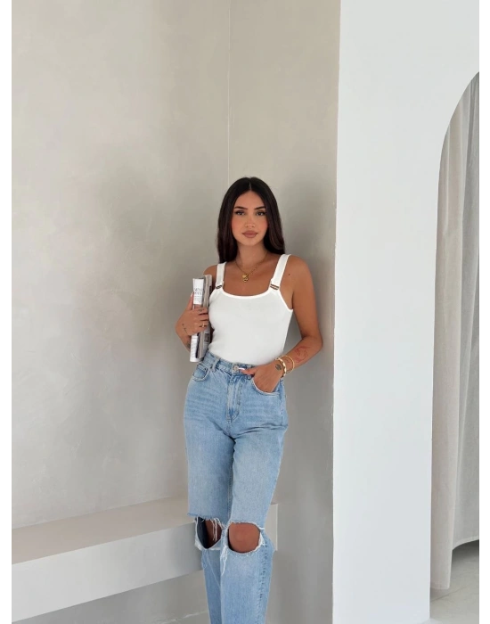 Ottoman toka askılı bluz beyaz s4194