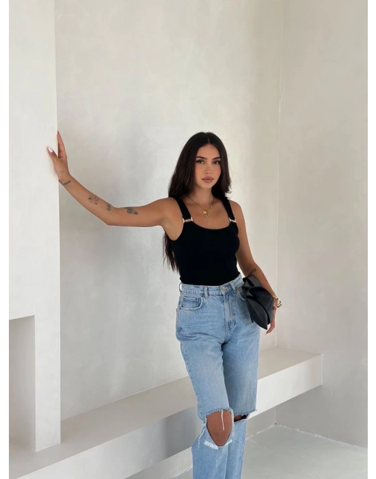 Ottoman toka askılı bluz siyah s4194