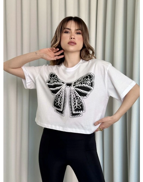 Oversize Beyaz baskılı crop tişört