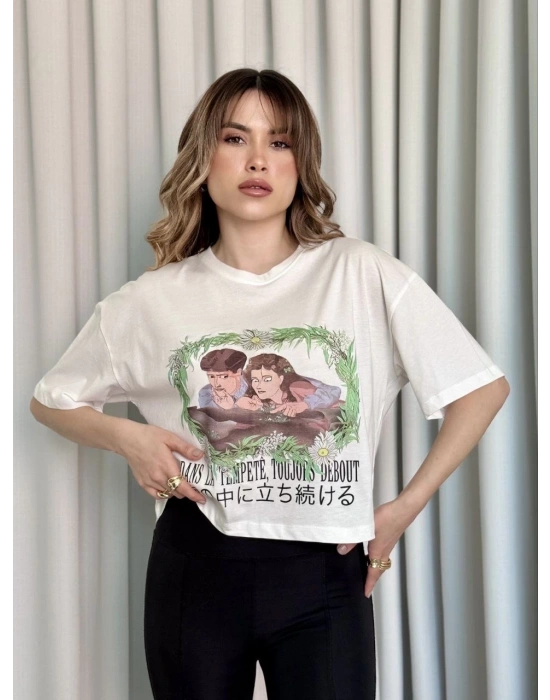 Oversize Beyaz baskılı crop tişört