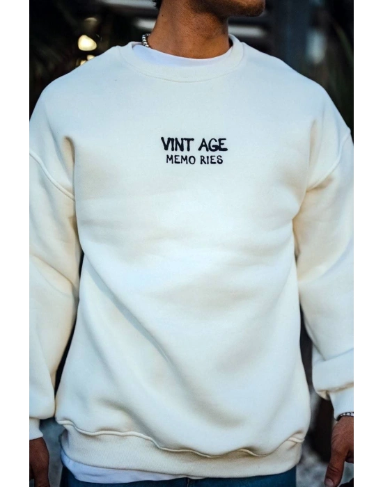 Oversize Bisiklet Yaka Üç İplik Baskılı SweatShirt - Beyaz