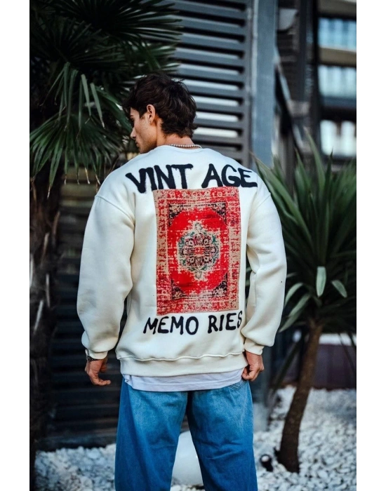 Oversize Bisiklet Yaka Üç İplik Baskılı SweatShirt - Beyaz