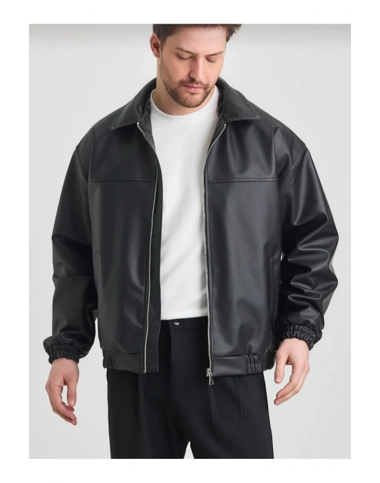 Oversize Erkek Siyah Deri Ceket