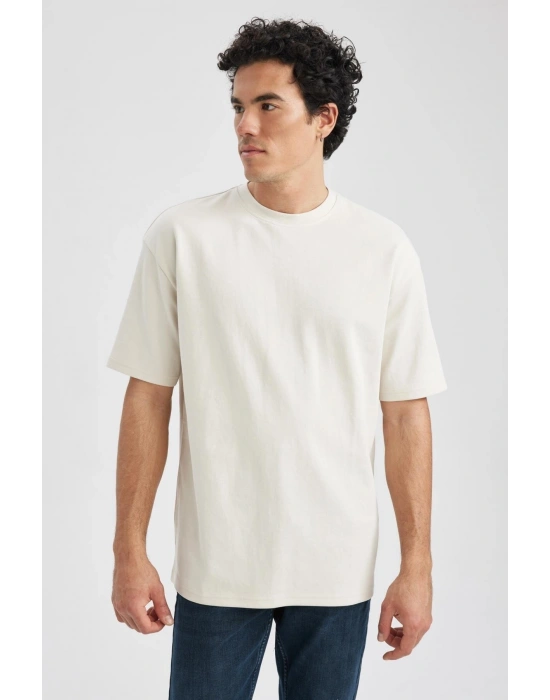 Oversize Fit Bisiklet Yaka Basic Kısa Kollu Pamuklu Ağır Kumaş Tişört Bej