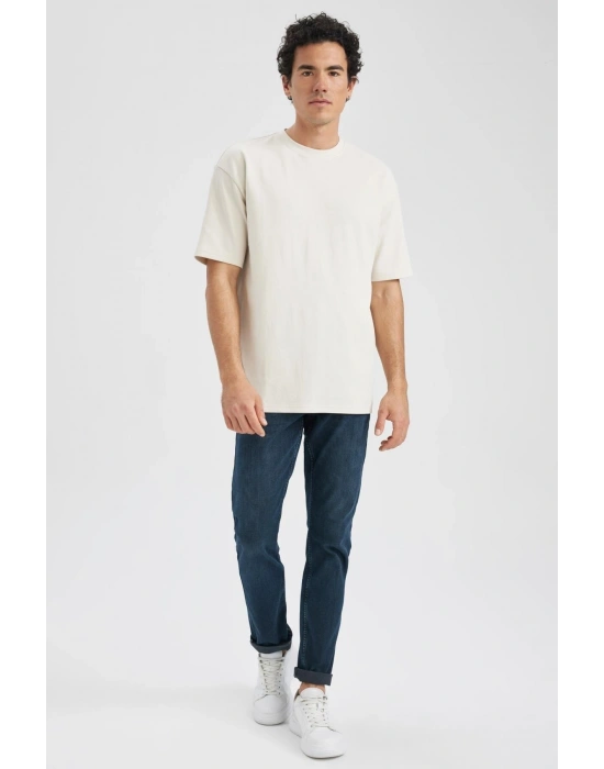 Oversize Fit Bisiklet Yaka Basic Kısa Kollu Pamuklu Ağır Kumaş Tişört Bej