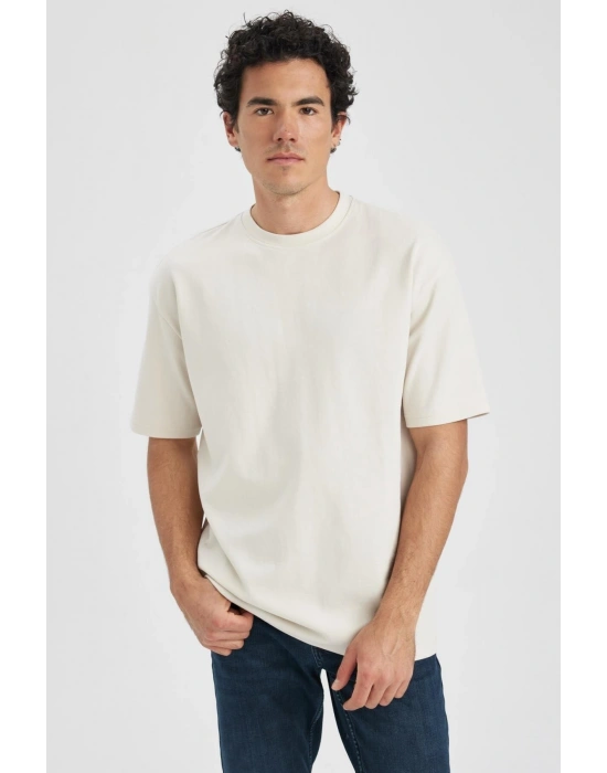 Oversize Fit Bisiklet Yaka Basic Kısa Kollu Pamuklu Ağır Kumaş Tişört Bej