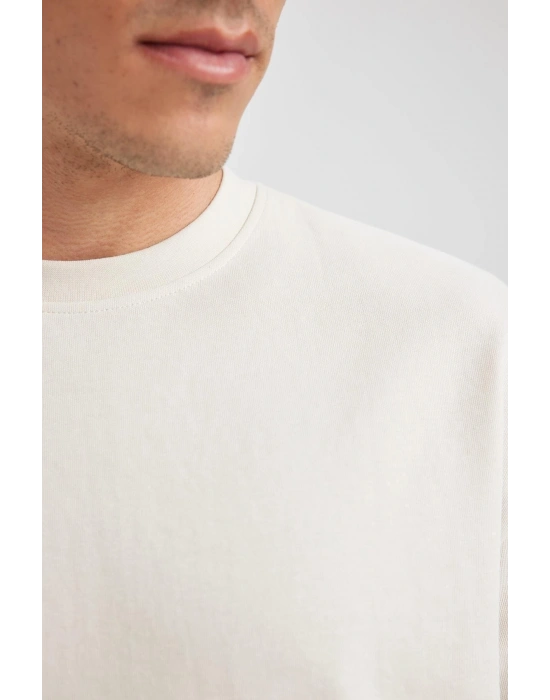 Oversize Fit Bisiklet Yaka Basic Kısa Kollu Pamuklu Ağır Kumaş Tişört Bej