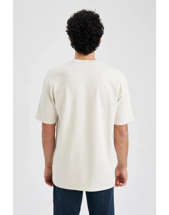 Oversize Fit Bisiklet Yaka Basic Kısa Kollu Pamuklu Ağır Kumaş Tişört Bej