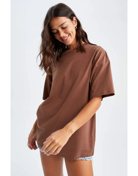 Oversize Fit Kısa Kollu Basic %100 Pamuk Tişört Kahverengi