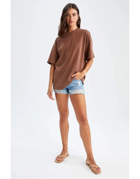 Oversize Fit Kısa Kollu Basic %100 Pamuk Tişört Kahverengi