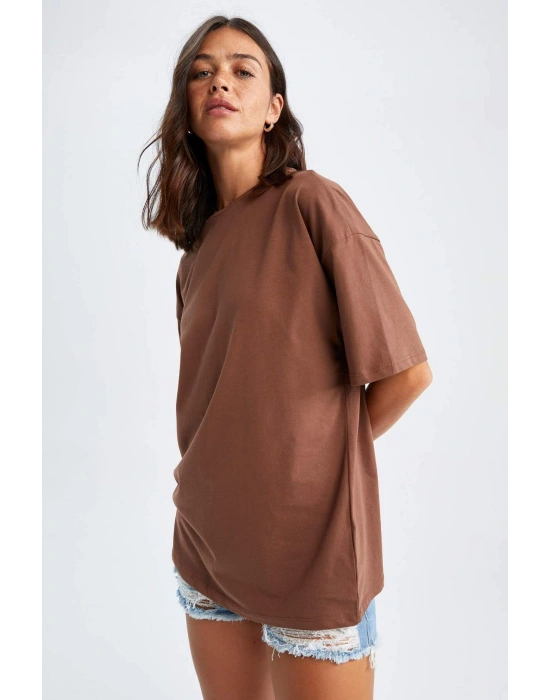Oversize Fit Kısa Kollu Basic %100 Pamuk Tişört Kahverengi