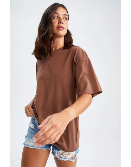 Oversize Fit Kısa Kollu Basic %100 Pamuk Tişört Kahverengi