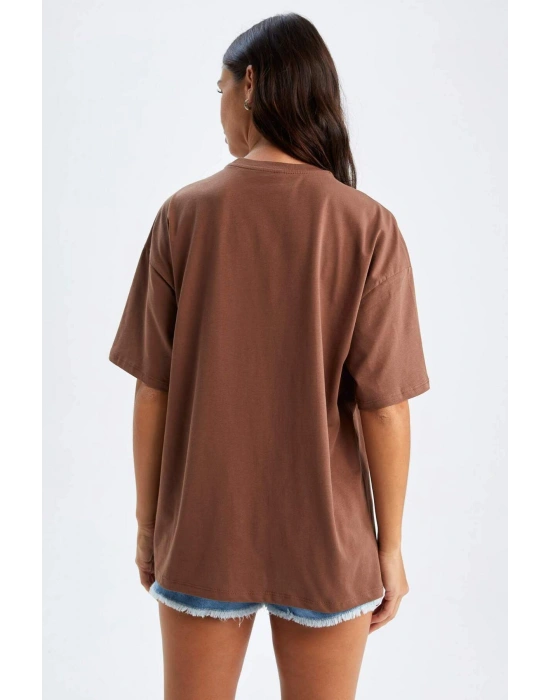 Oversize Fit Kısa Kollu Basic %100 Pamuk Tişört Kahverengi