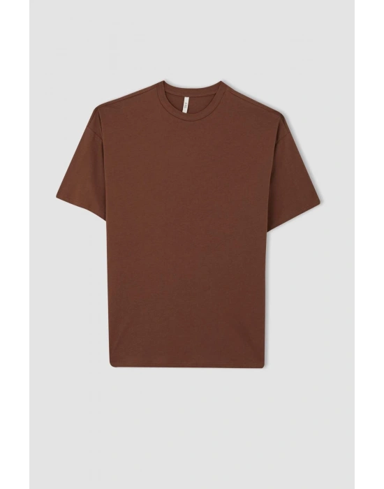 Oversize Fit Kısa Kollu Basic %100 Pamuk Tişört Kahverengi