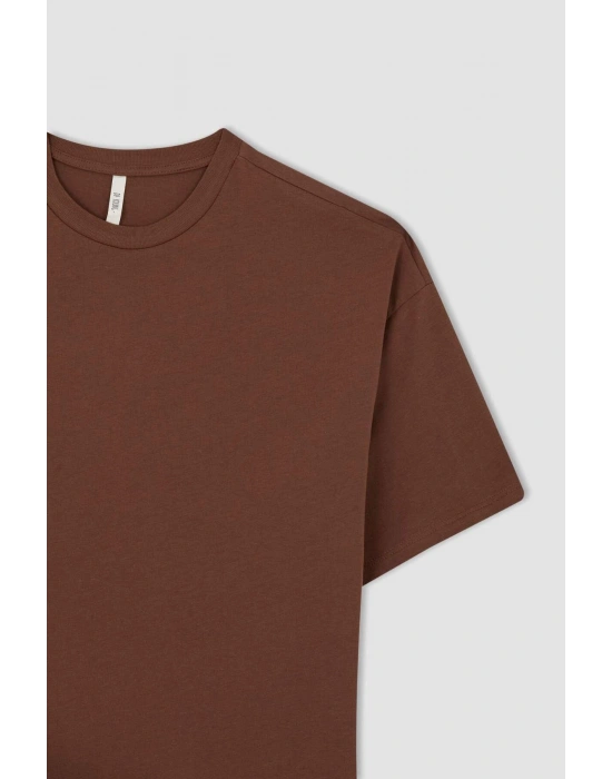 Oversize Fit Kısa Kollu Basic %100 Pamuk Tişört Kahverengi