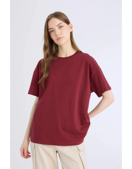 Oversize Geniş Kalıp Bisiklet Yaka Basic Düz Kalın Kısa Kollu Bordo Tişört Bordo