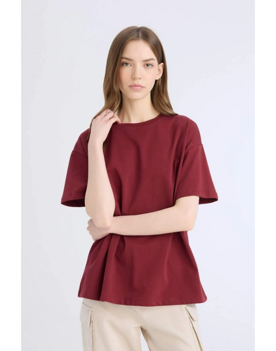 Oversize Geniş Kalıp Bisiklet Yaka Basic Düz Kalın Kısa Kollu Bordo Tişört Bordo