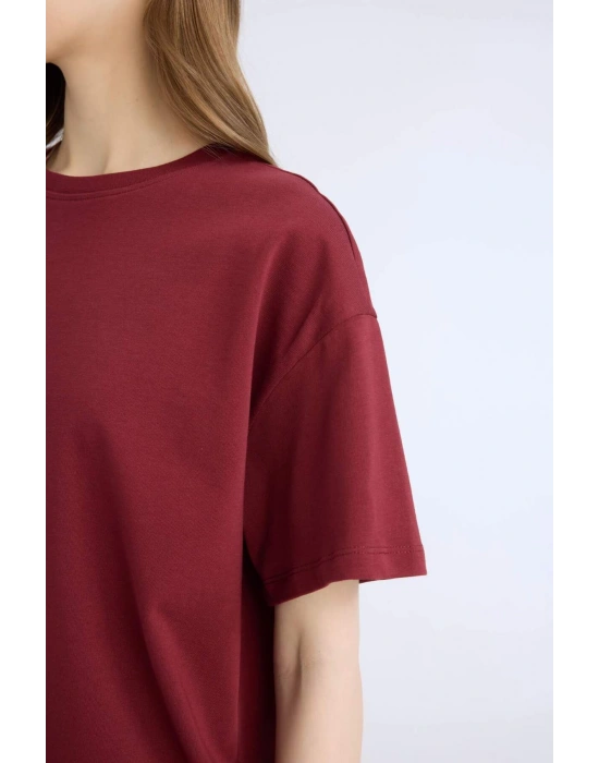 Oversize Geniş Kalıp Bisiklet Yaka Basic Düz Kalın Kısa Kollu Bordo Tişört Bordo