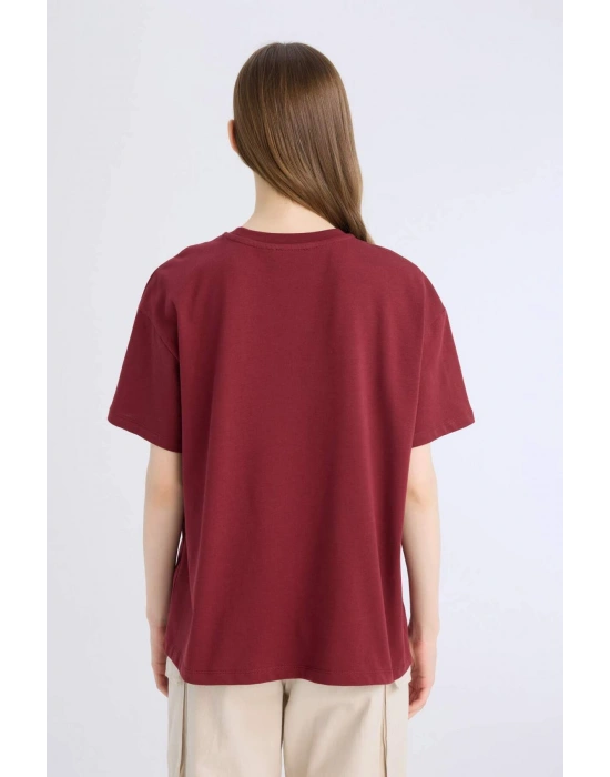 Oversize Geniş Kalıp Bisiklet Yaka Basic Düz Kalın Kısa Kollu Bordo Tişört Bordo