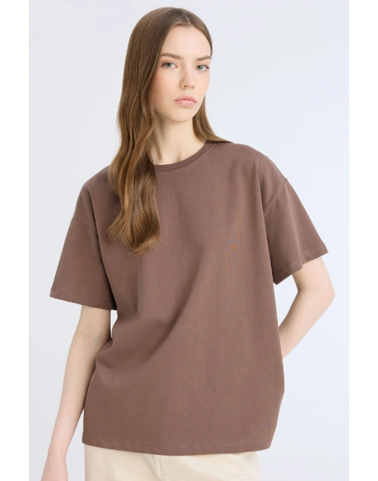 Oversize Geniş Kalıp Bisiklet Yaka Basic Düz Kalın Kumaş Kısa Kollu Kahve Tişört