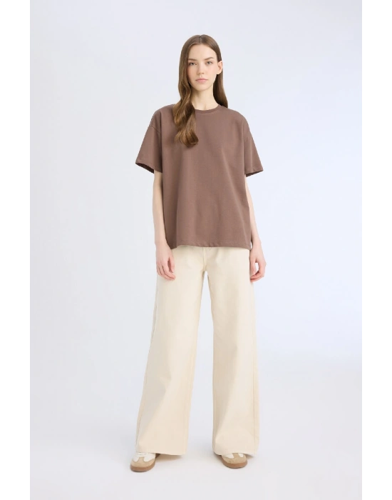 Oversize Geniş Kalıp Bisiklet Yaka Basic Düz Kalın Kumaş Kısa Kollu Kahve Tişört