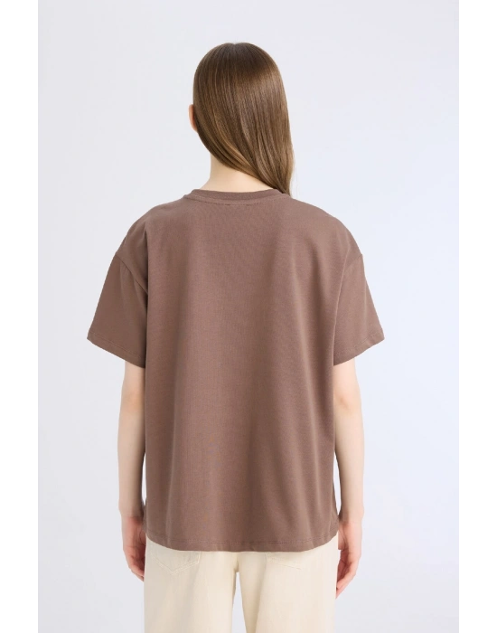 Oversize Geniş Kalıp Bisiklet Yaka Basic Düz Kalın Kumaş Kısa Kollu Kahve Tişört