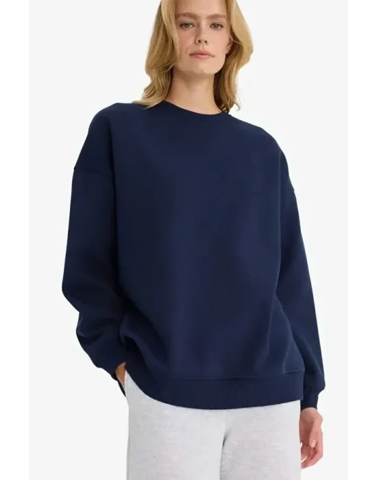 Oversize Geniş Kalıp Bisiklet Yaka Basic Düz Kalın Sweatshirt