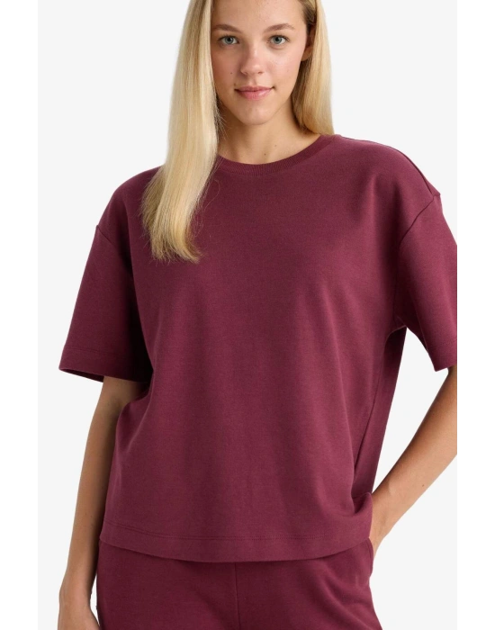 Oversize Geniş Kalıp Bisiklet Yaka Basic Düz Kısa Kollu Tişört Bordo