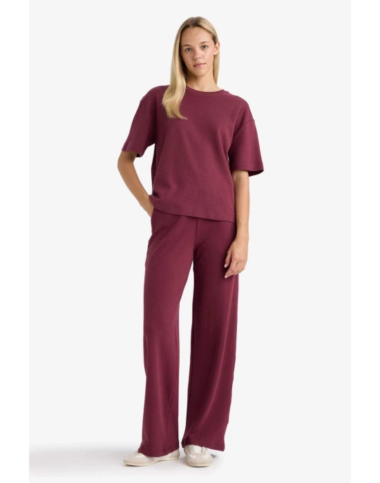 Oversize Geniş Kalıp Bisiklet Yaka Basic Düz Kısa Kollu Tişört Bordo