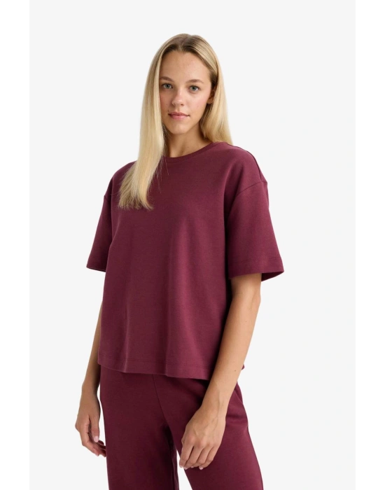 Oversize Geniş Kalıp Bisiklet Yaka Basic Düz Kısa Kollu Tişört Bordo