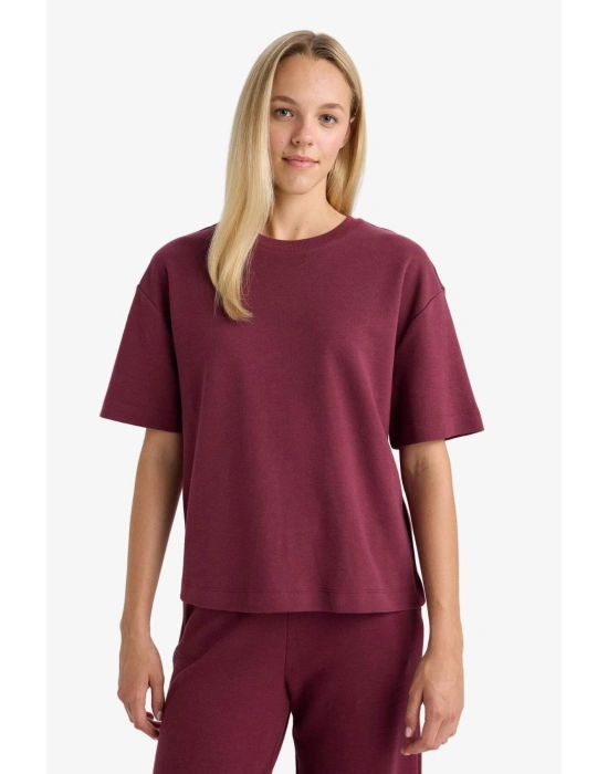 Oversize Geniş Kalıp Bisiklet Yaka Basic Düz Kısa Kollu Tişört Bordo