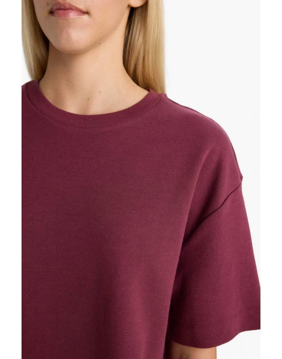 Oversize Geniş Kalıp Bisiklet Yaka Basic Düz Kısa Kollu Tişört Bordo