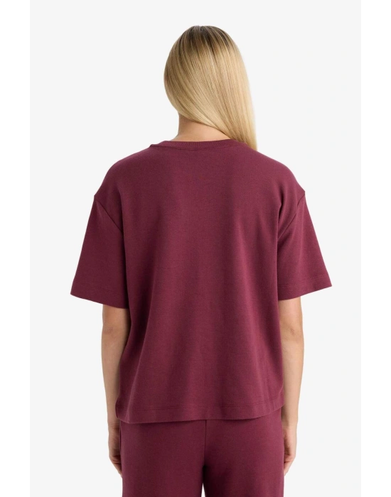 Oversize Geniş Kalıp Bisiklet Yaka Basic Düz Kısa Kollu Tişört Bordo