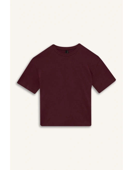 Oversize Geniş Kalıp Bisiklet Yaka Basic Düz Kısa Kollu Tişört Bordo