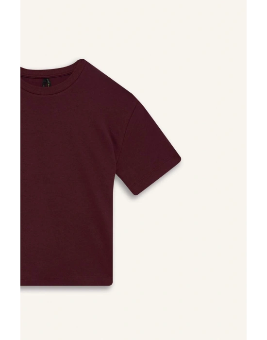 Oversize Geniş Kalıp Bisiklet Yaka Basic Düz Kısa Kollu Tişört Bordo