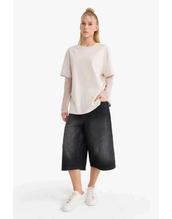 Oversize Geniş Kalıp Bisiklet Yaka Dantel Detaylı Uzun Kollu Tişört E7605AX25AU