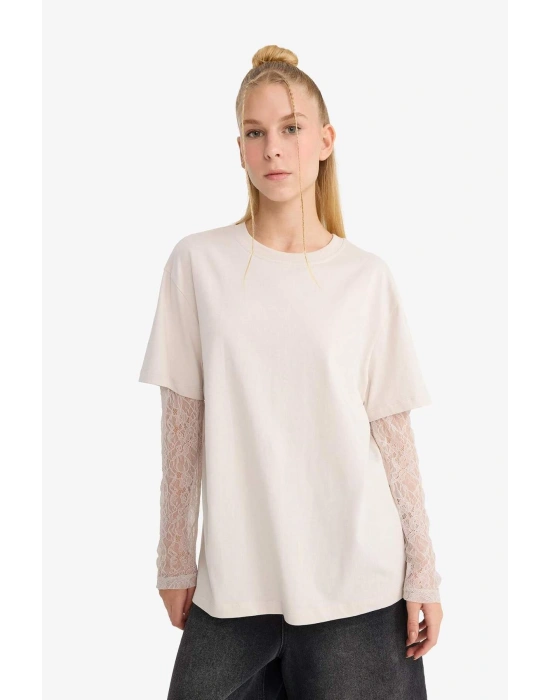 Oversize Geniş Kalıp Bisiklet Yaka Dantel Detaylı Uzun Kollu Tişört E7605AX25AU