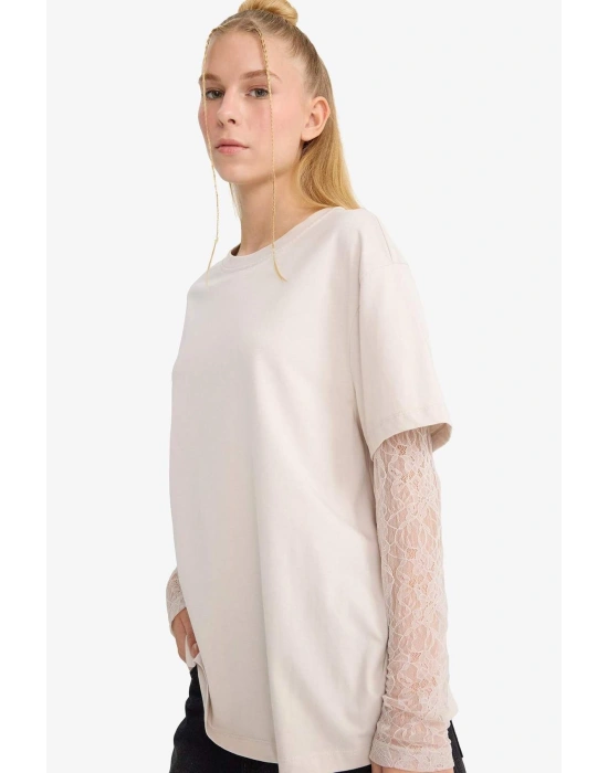 Oversize Geniş Kalıp Bisiklet Yaka Dantel Detaylı Uzun Kollu Tişört E7605AX25AU